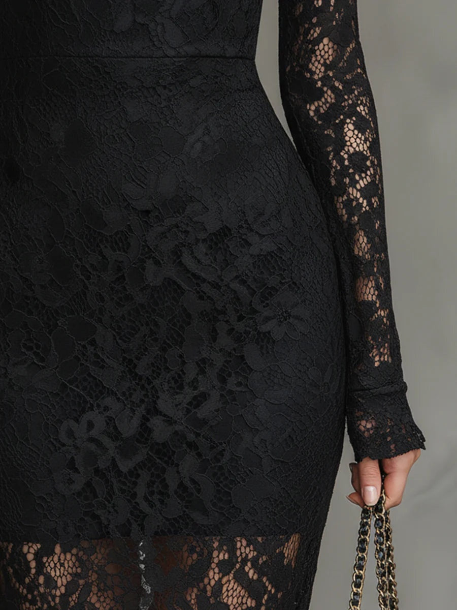 Vestido de Encaje de Invitada de Invierno con Manga Larga y Cuello Alto