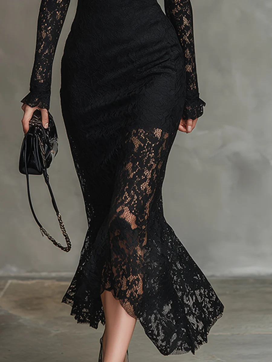 Vestido de Encaje de Invitada de Invierno con Manga Larga y Cuello Alto