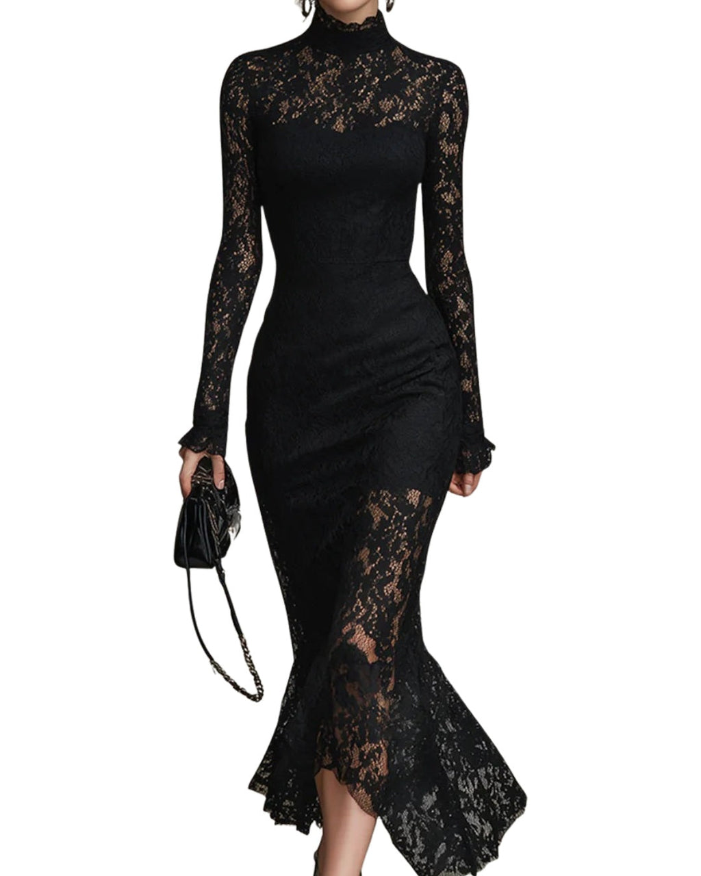 Vestido de Encaje de Invitada de Invierno con Manga Larga y Cuello Alto