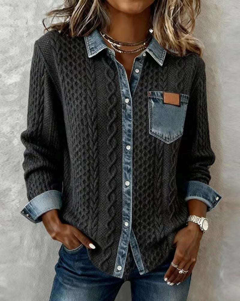 Trenza Denim | Blusa de Punto con Detalle Denim Mujer Manga Larga Trenzas