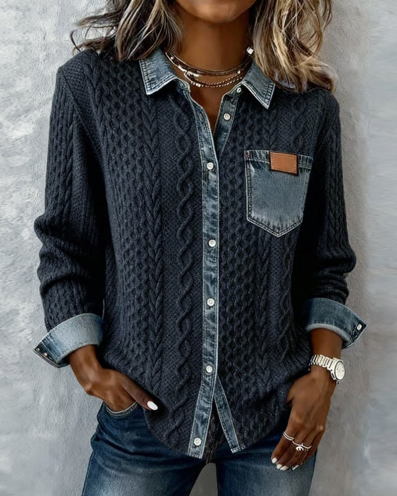 Trenza Denim | Blusa de Punto con Detalle Denim Mujer Manga Larga Trenzas