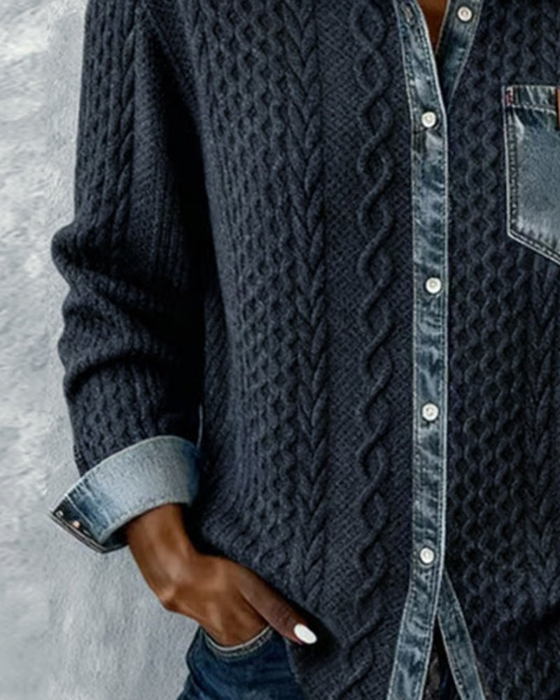 Trenza Denim | Blusa de Punto con Detalle Denim Mujer Manga Larga Trenzas