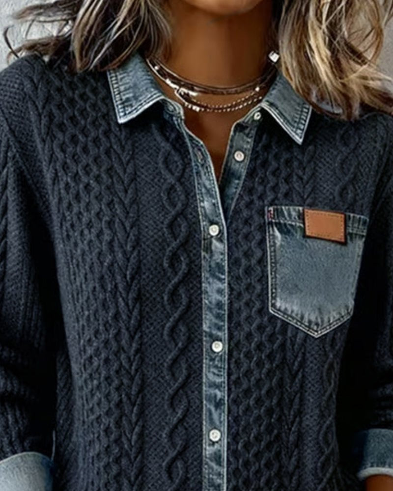 Trenza Denim | Blusa de Punto con Detalle Denim Mujer Manga Larga Trenzas