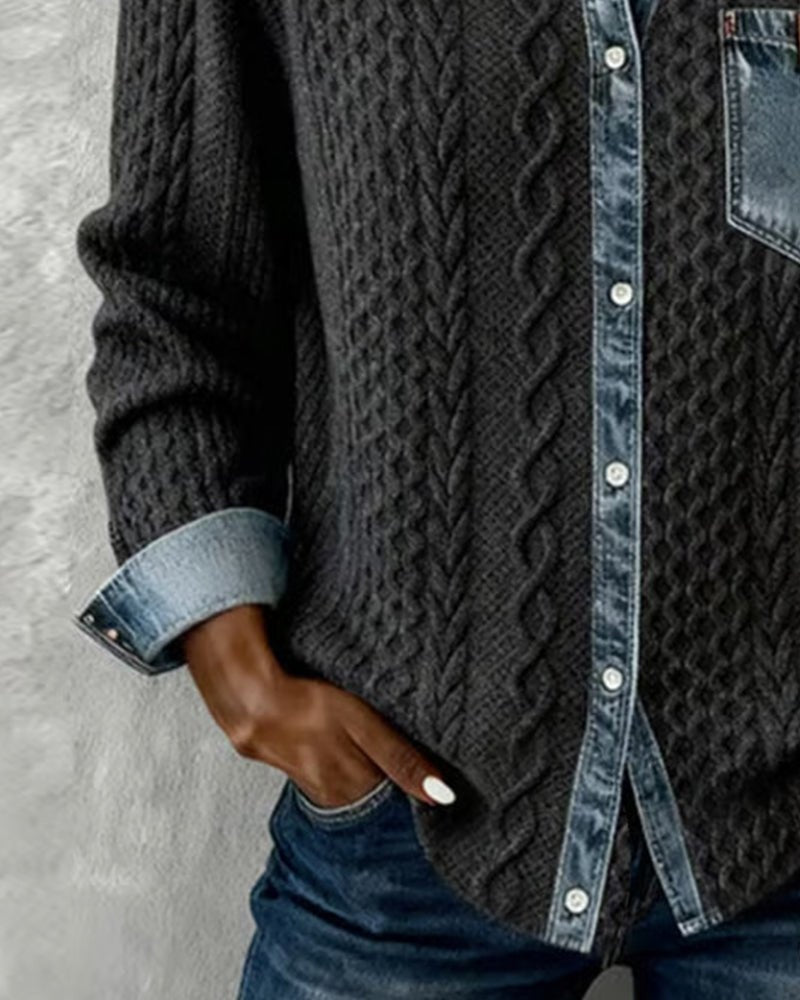 Trenza Denim | Blusa de Punto con Detalle Denim Mujer Manga Larga Trenzas