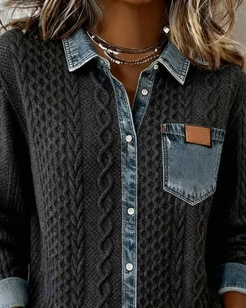 Trenza Denim | Blusa de Punto con Detalle Denim Mujer Manga Larga Trenzas