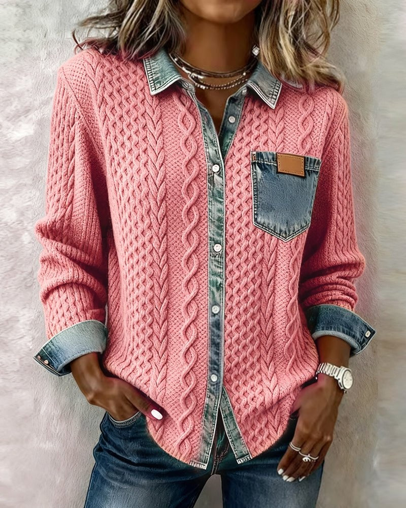 Trenza Denim | Blusa de Punto con Detalle Denim Mujer Manga Larga Trenzas
