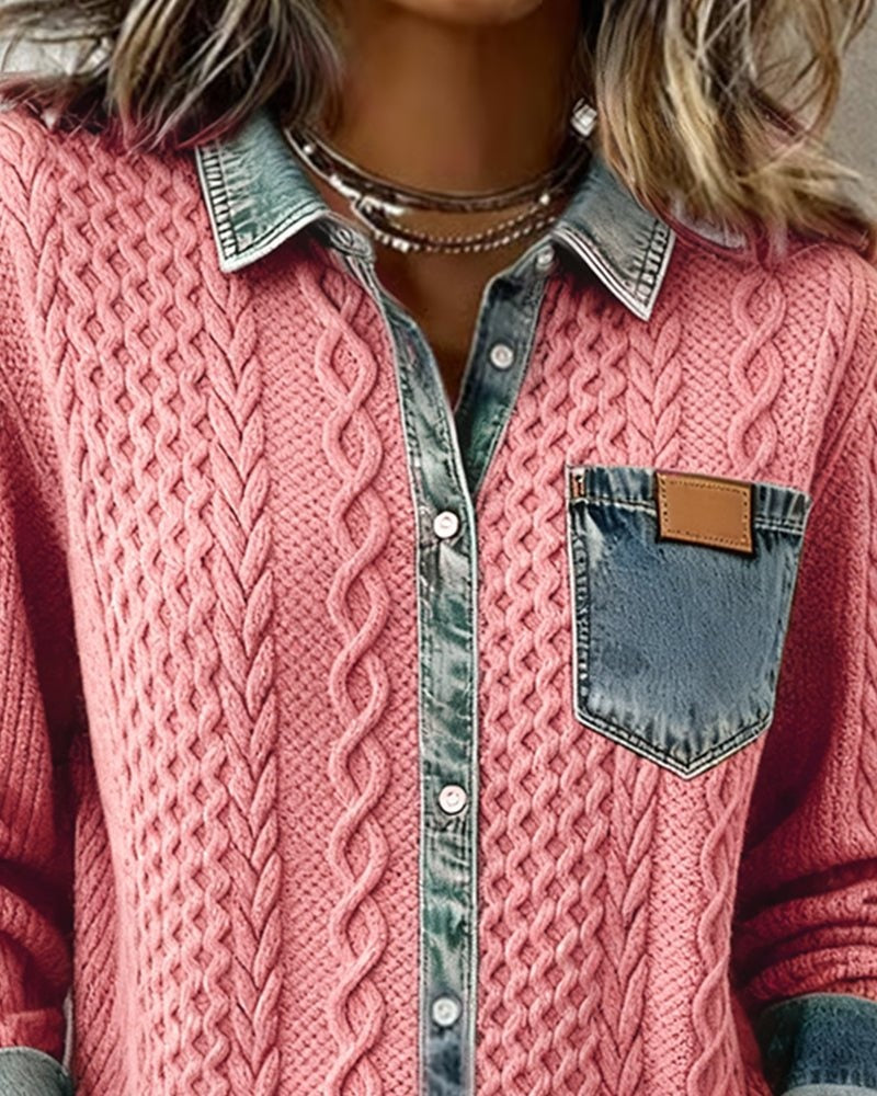 Trenza Denim | Blusa de Punto con Detalle Denim Mujer Manga Larga Trenzas