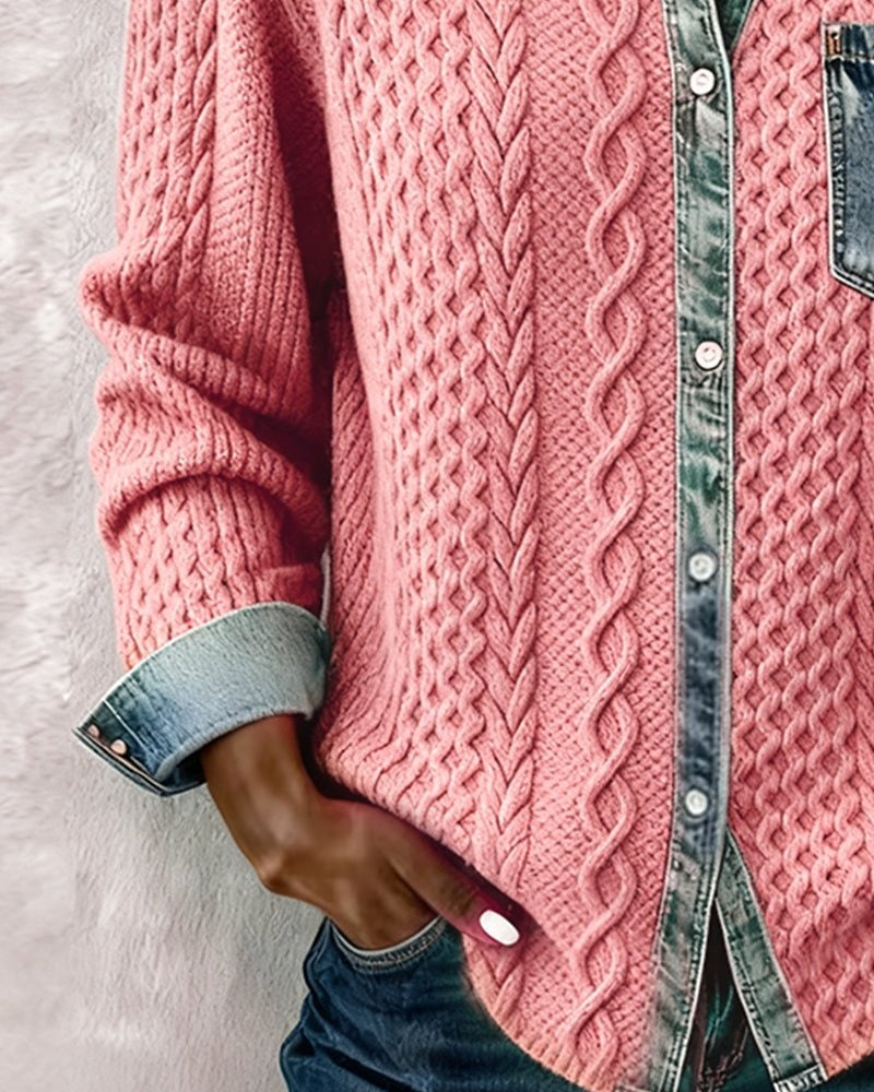 Trenza Denim | Blusa de Punto con Detalle Denim Mujer Manga Larga Trenzas