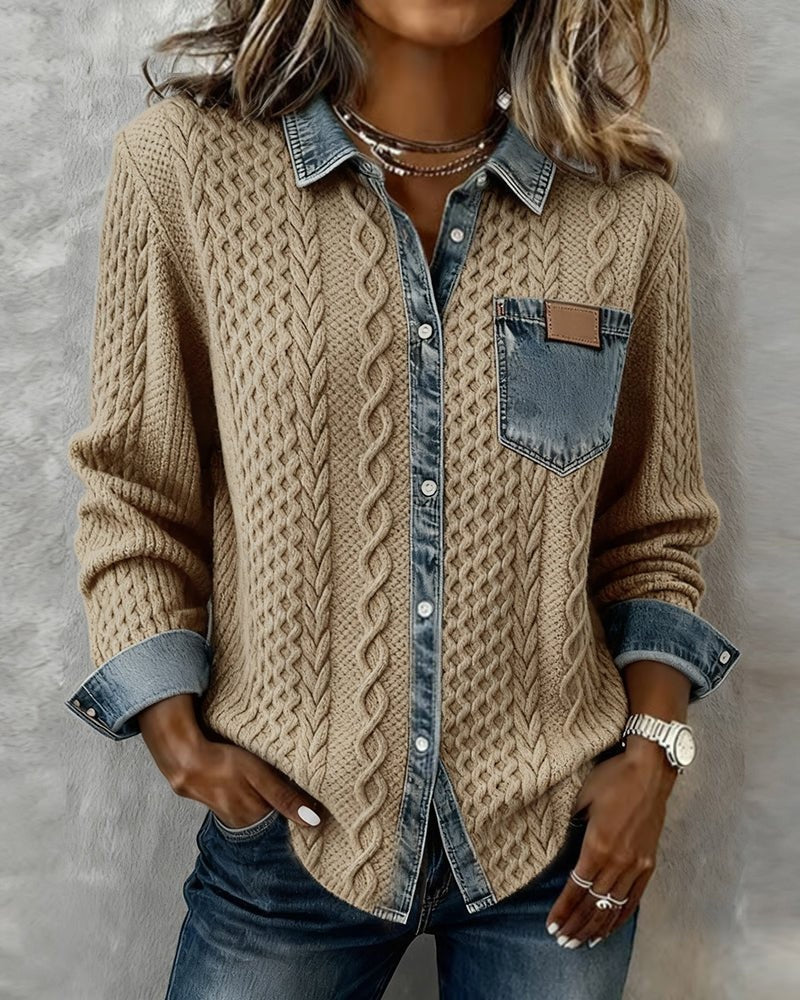 Trenza Denim | Blusa de Punto con Detalle Denim Mujer Manga Larga Trenzas