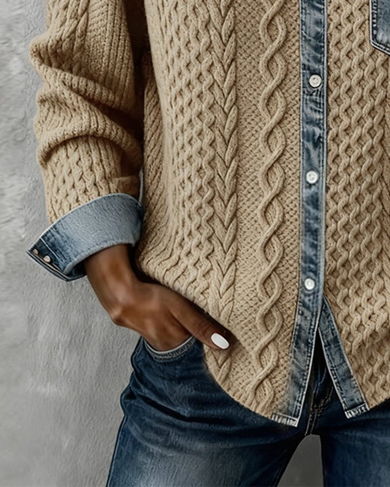 Trenza Denim | Blusa de Punto con Detalle Denim Mujer Manga Larga Trenzas