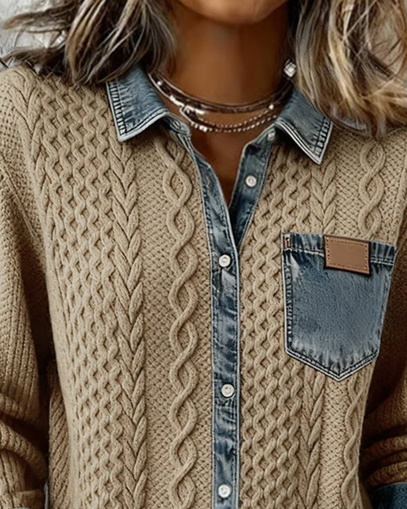 Trenza Denim | Blusa de Punto con Detalle Denim Mujer Manga Larga Trenzas