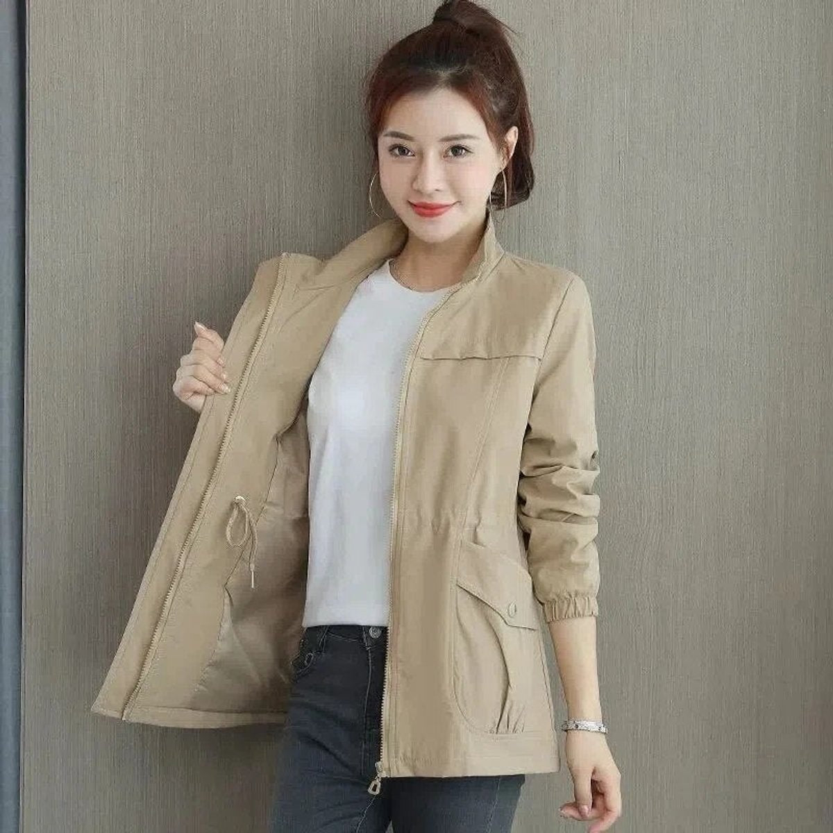 Chaqueta Militar Ligera Cintura Ajustable para Mujer
