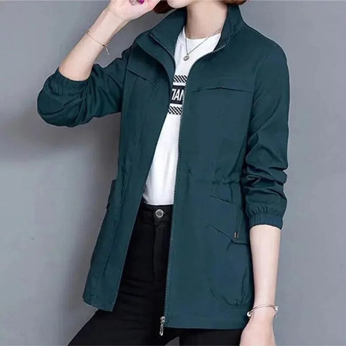 Chaqueta Militar Ligera Cintura Ajustable para Mujer