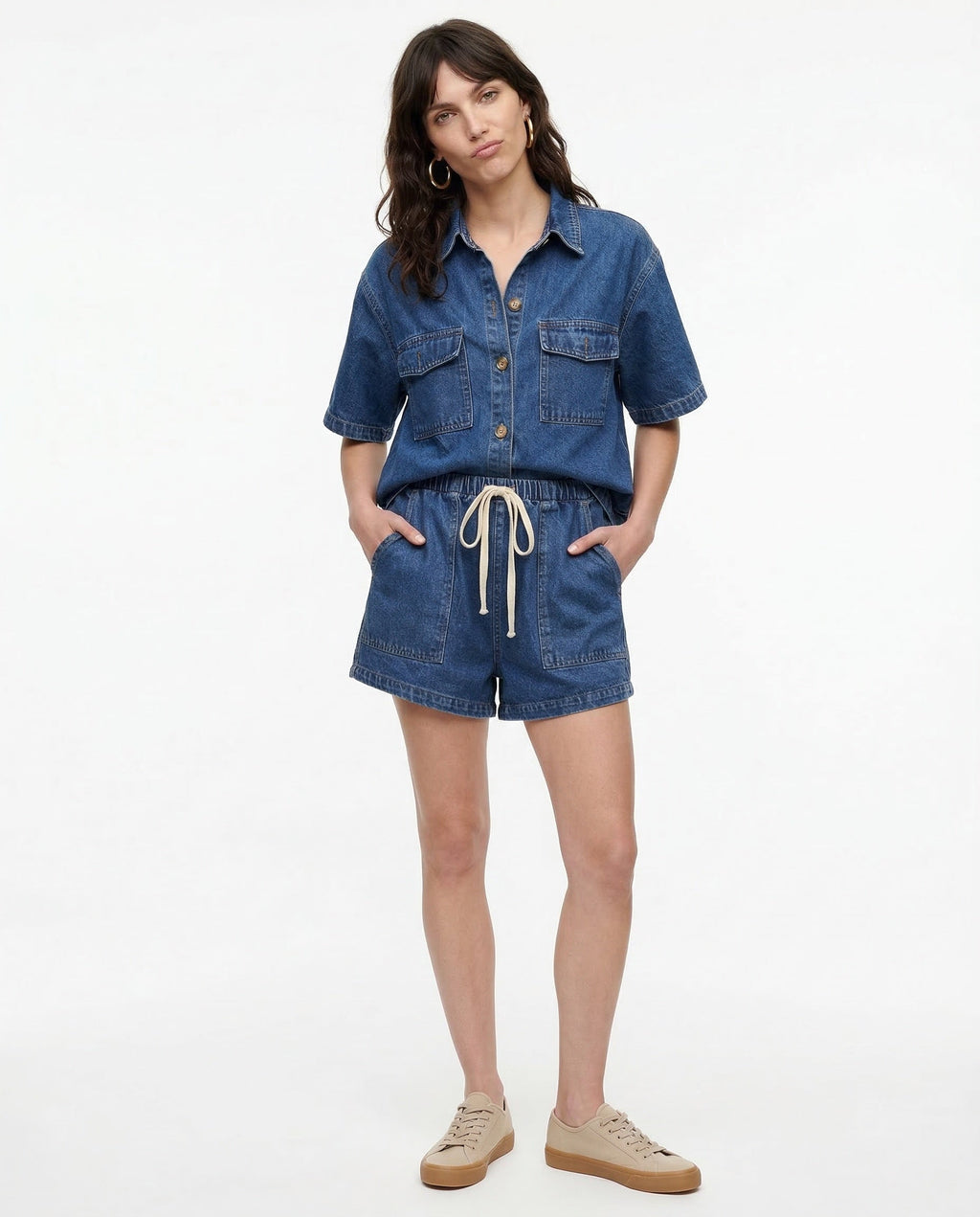 Denim Dúo | Conjunto de Denim Dos Piezas Mujer Camisa Manga Corta Shorts