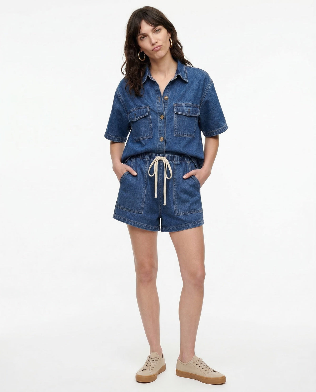 Denim Dúo | Conjunto de Denim Dos Piezas Mujer Camisa Manga Corta Shorts