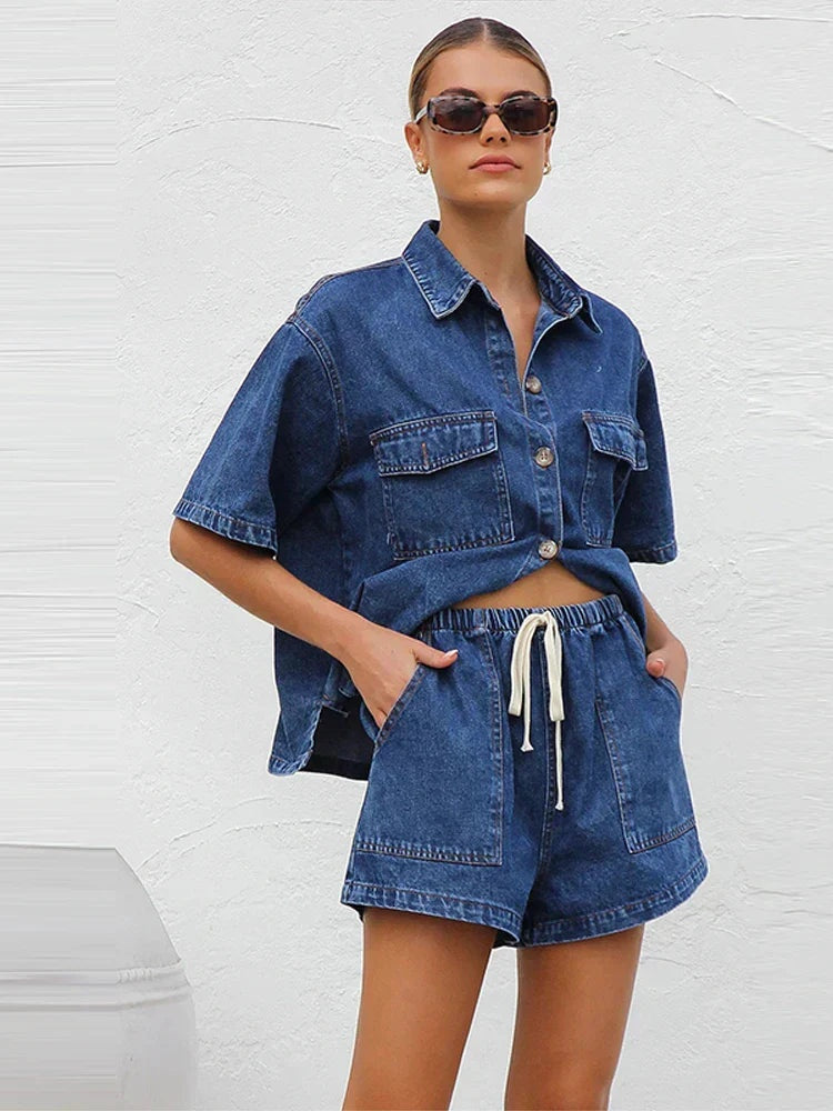 Denim Dúo | Conjunto de Denim Dos Piezas Mujer Camisa Manga Corta Shorts