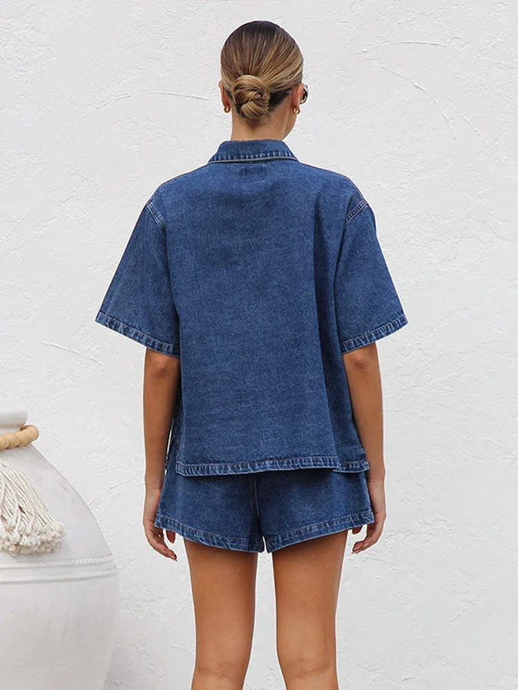 Denim Dúo | Conjunto de Denim Dos Piezas Mujer Camisa Manga Corta Shorts