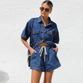 Denim Dúo | Conjunto de Denim Dos Piezas Mujer Camisa Manga Corta Shorts
