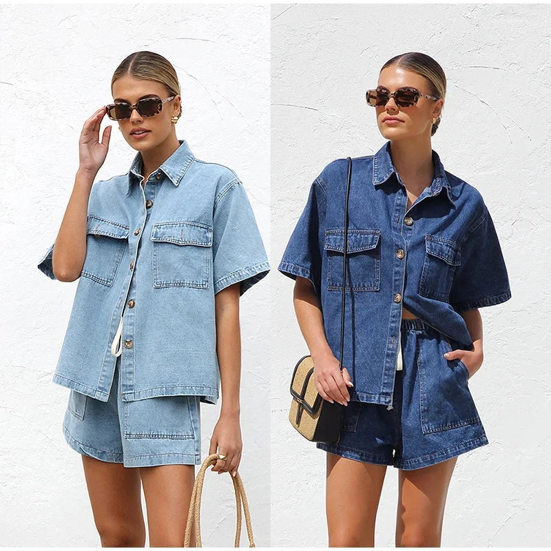 Denim Dúo | Conjunto de Denim Dos Piezas Mujer Camisa Manga Corta Shorts