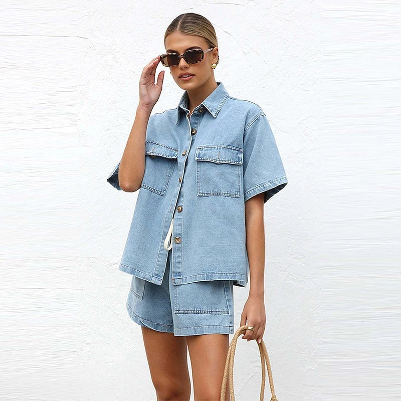 Denim Dúo | Conjunto de Denim Dos Piezas Mujer Camisa Manga Corta Shorts