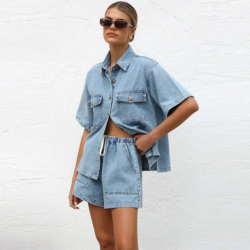 Denim Dúo | Conjunto de Denim Dos Piezas Mujer Camisa Manga Corta Shorts