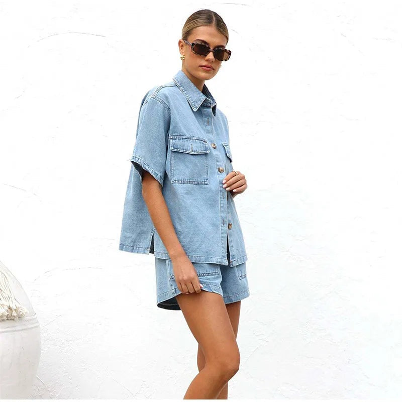 Denim Dúo | Conjunto de Denim Dos Piezas Mujer Camisa Manga Corta Shorts