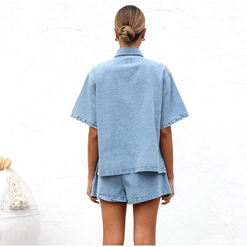Denim Dúo | Conjunto de Denim Dos Piezas Mujer Camisa Manga Corta Shorts