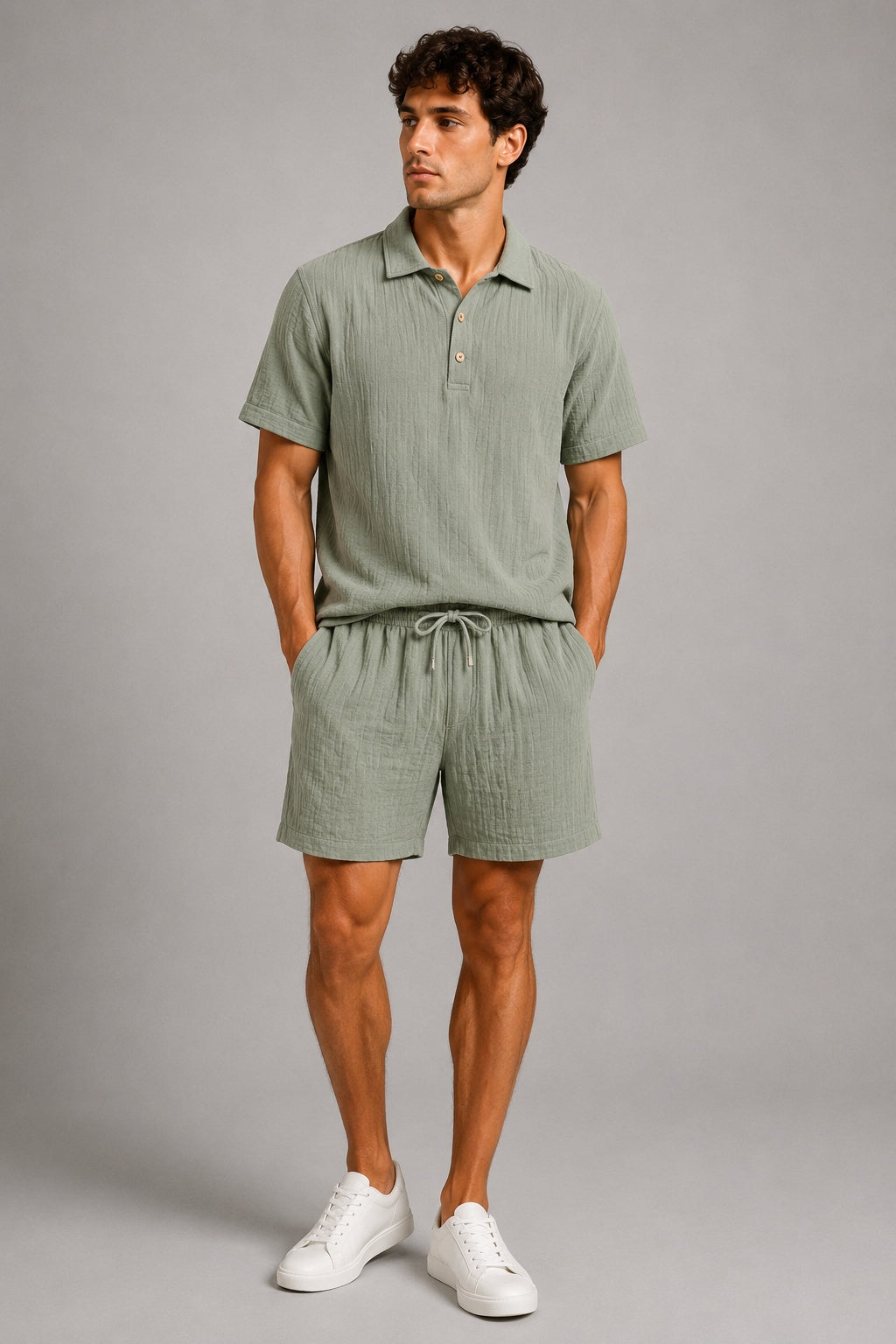 Conjunto Polo y Pantalón Corto de Lino con Cintura Elástica Hombre