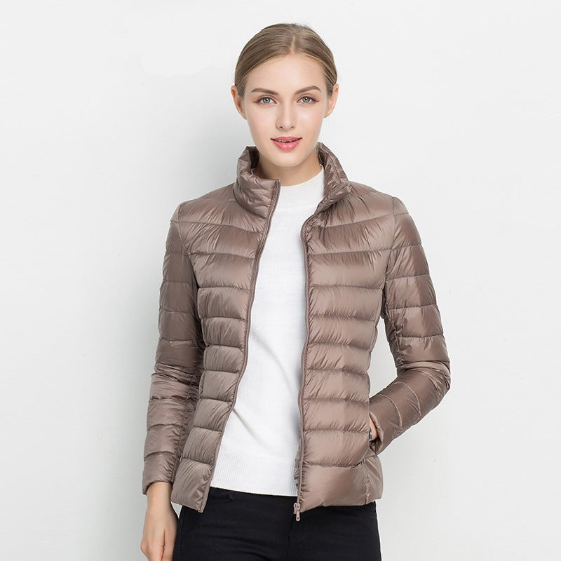 Chaqueta de Plumas Ligera Cuello Alto Ajustado para Mujer