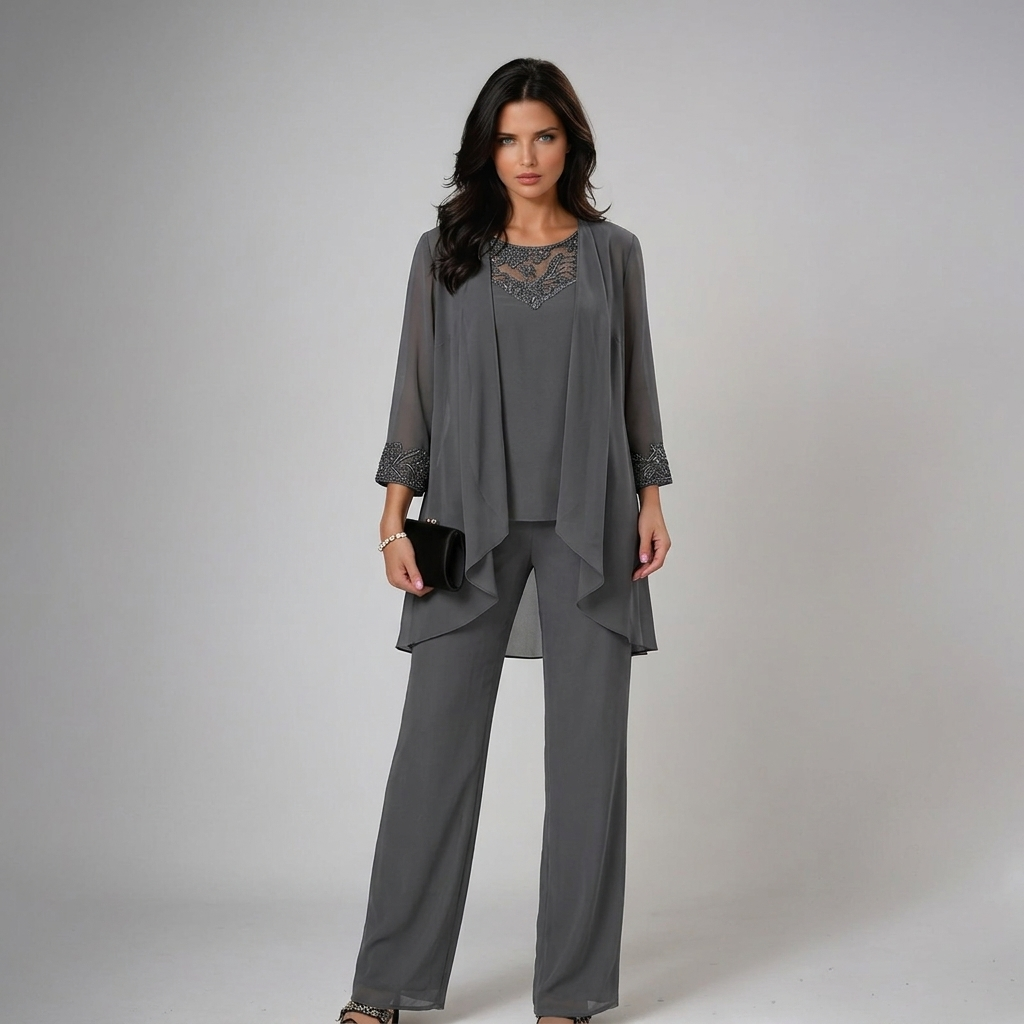 Lucia | Conjunto de Tres Piezas de Gasa con Pedrería y Pantalón Ancho