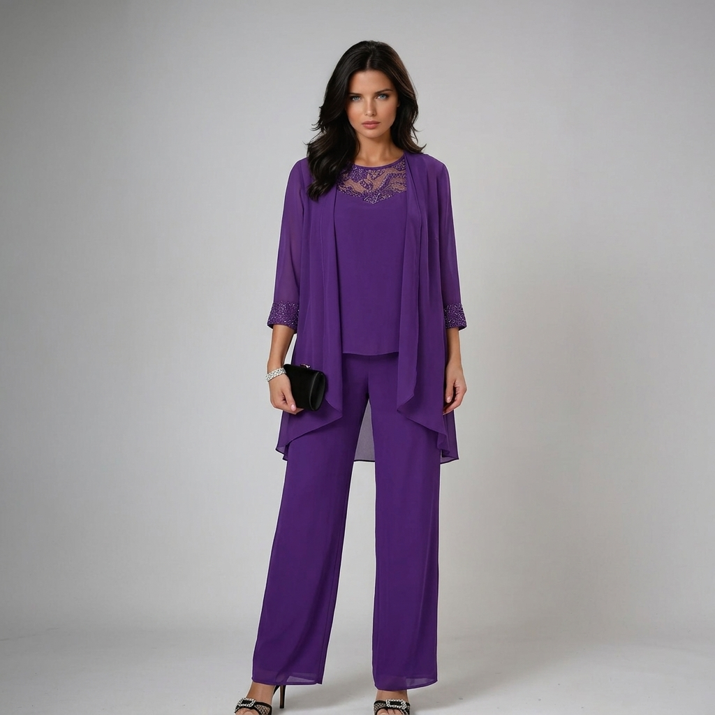 Lucia | Conjunto de Tres Piezas de Gasa con Pedrería y Pantalón Ancho