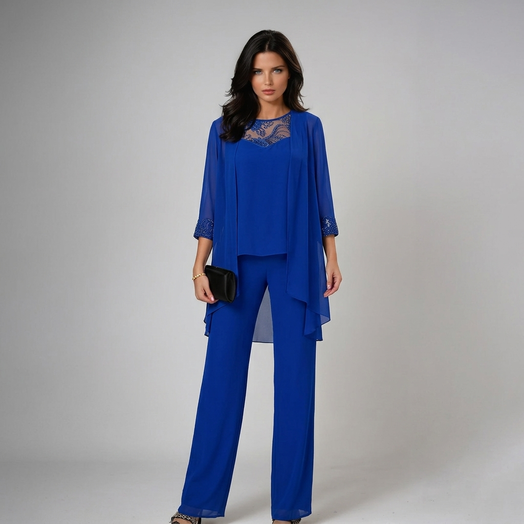 Lucia | Conjunto de Tres Piezas de Gasa con Pedrería y Pantalón Ancho