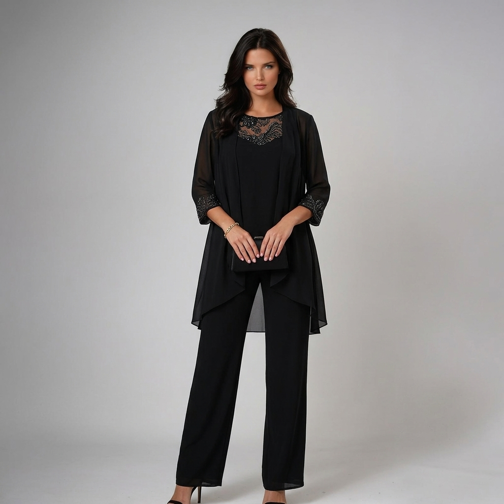 Lucia | Conjunto de Tres Piezas de Gasa con Pedrería y Pantalón Ancho
