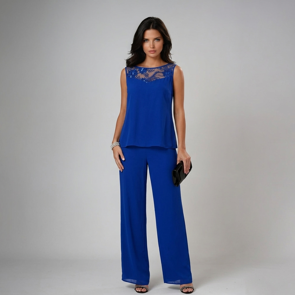 Lucia | Conjunto de Tres Piezas de Gasa con Pedrería y Pantalón Ancho