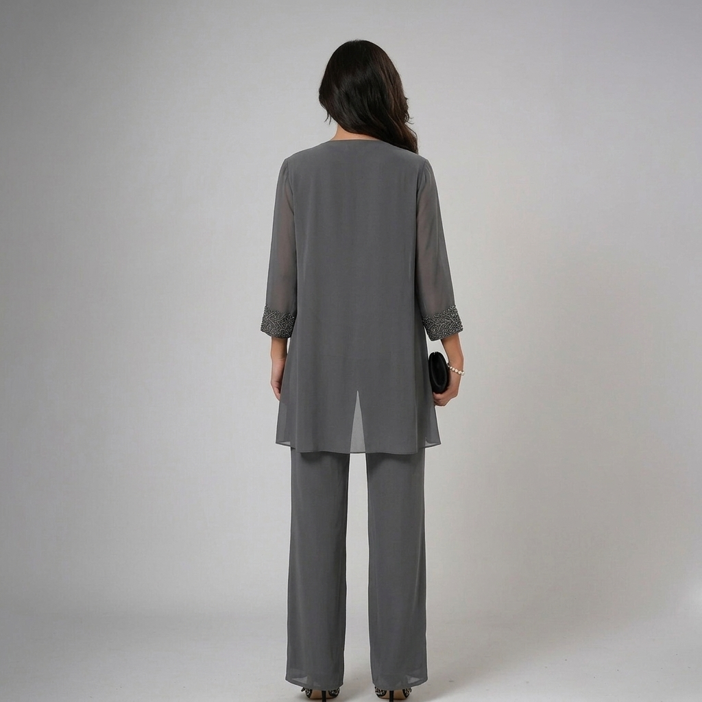 Lucia | Conjunto de Tres Piezas de Gasa con Pedrería y Pantalón Ancho