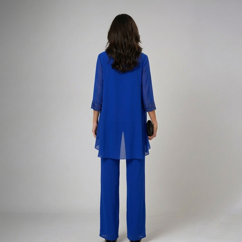 Lucia | Conjunto de Tres Piezas de Gasa con Pedrería y Pantalón Ancho