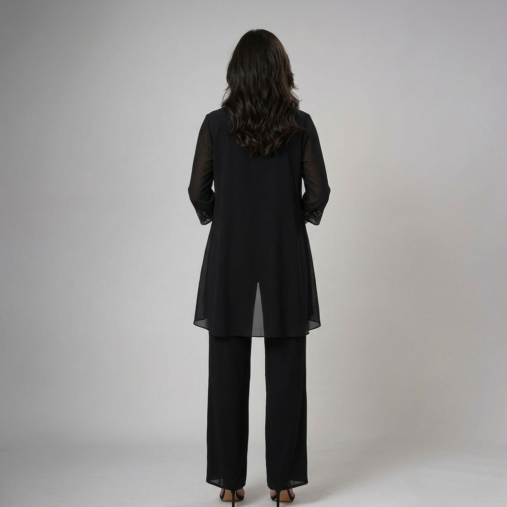 Lucia | Conjunto de Tres Piezas de Gasa con Pedrería y Pantalón Ancho