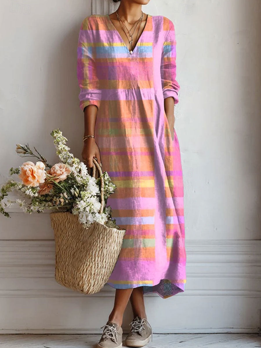Vestido Boho de Lino Estampado Midi para Mujer