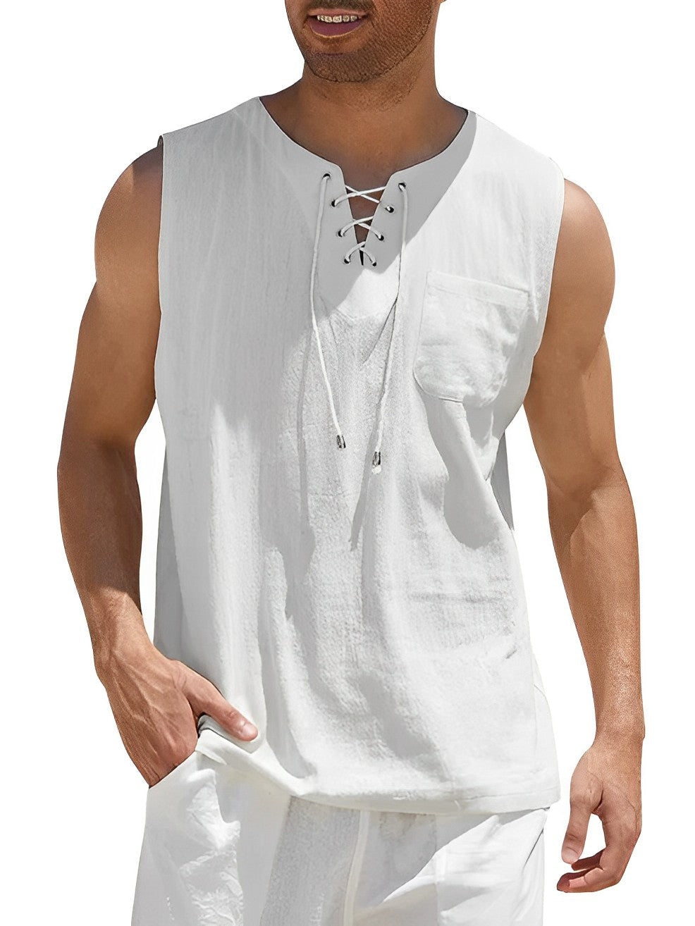 Cordón Oversize | Camiseta Sin Mangas Oversize Hombre Escote Cordones Bolsillo
