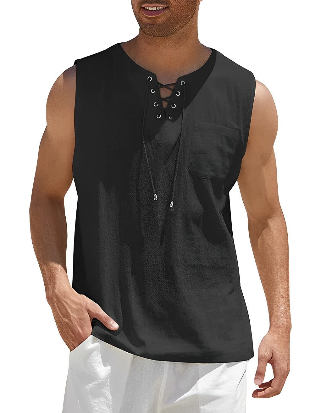 Cordón Oversize | Camiseta Sin Mangas Oversize Hombre Escote Cordones Bolsillo