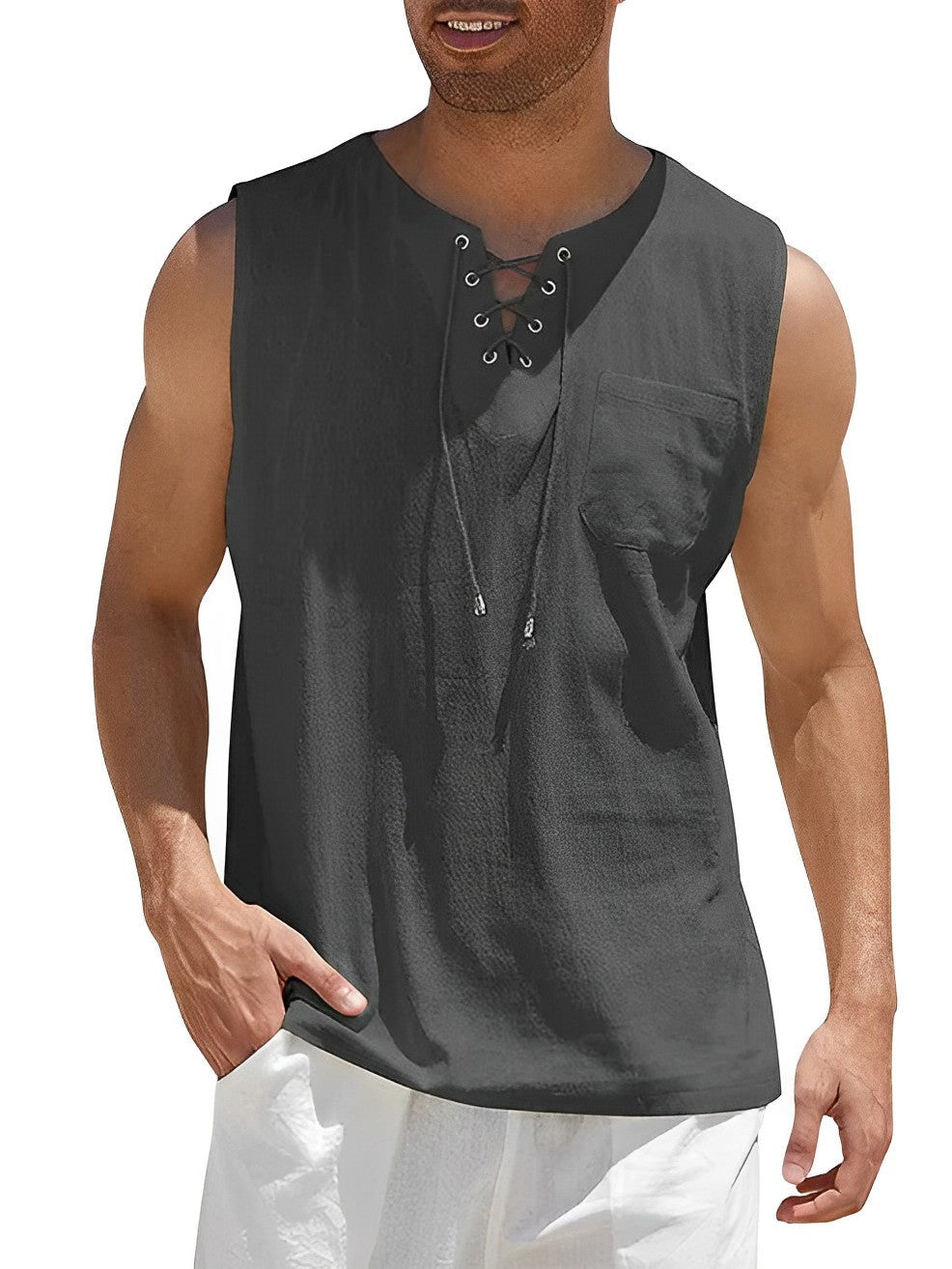 Cordón Oversize | Camiseta Sin Mangas Oversize Hombre Escote Cordones Bolsillo