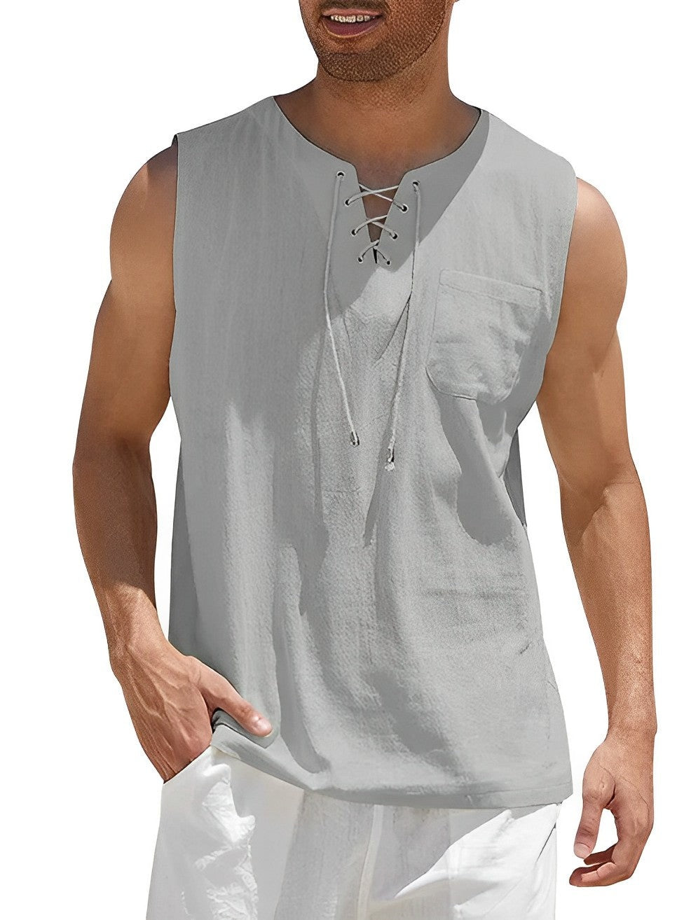 Cordón Oversize | Camiseta Sin Mangas Oversize Hombre Escote Cordones Bolsillo