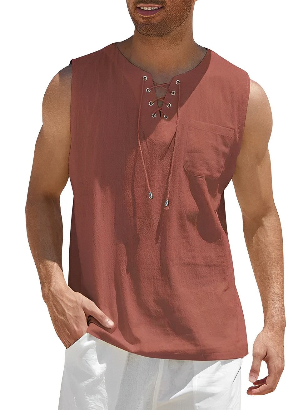 Cordón Oversize | Camiseta Sin Mangas Oversize Hombre Escote Cordones Bolsillo