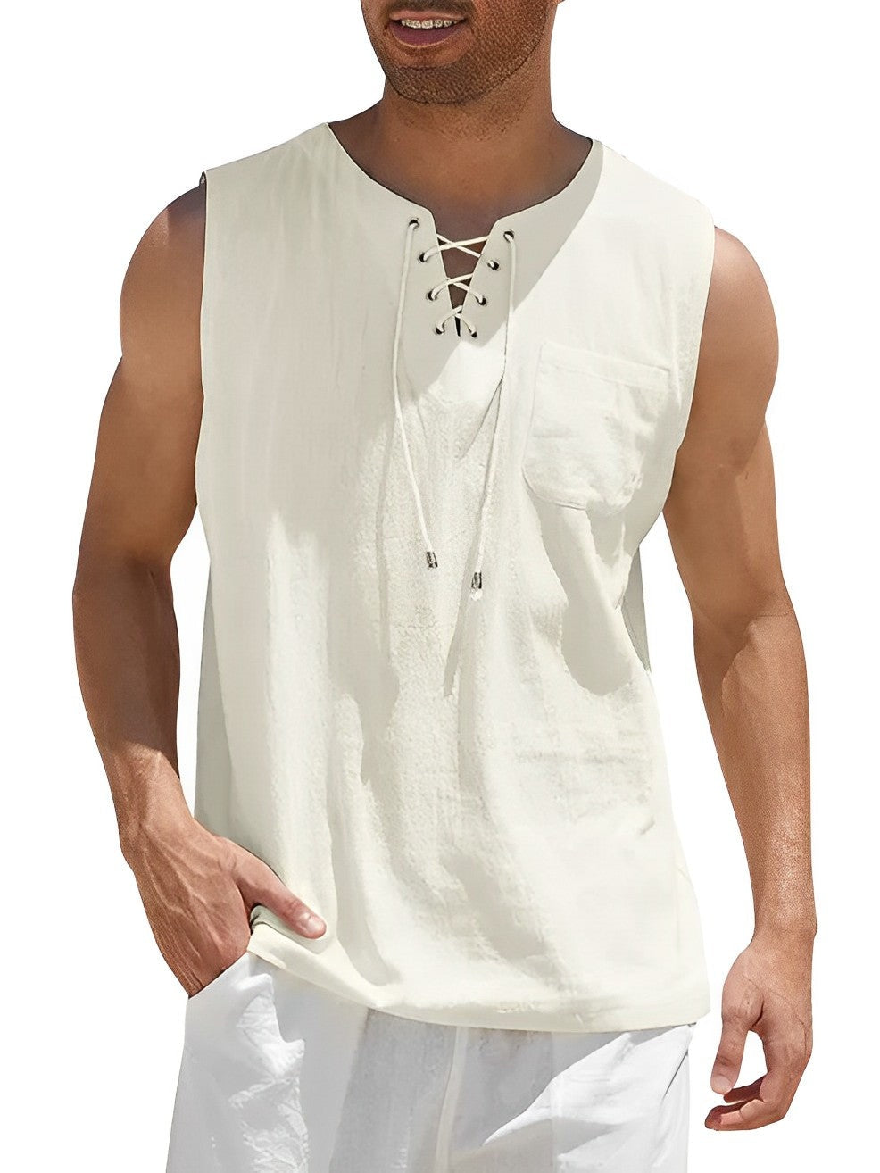 Cordón Oversize | Camiseta Sin Mangas Oversize Hombre Escote Cordones Bolsillo