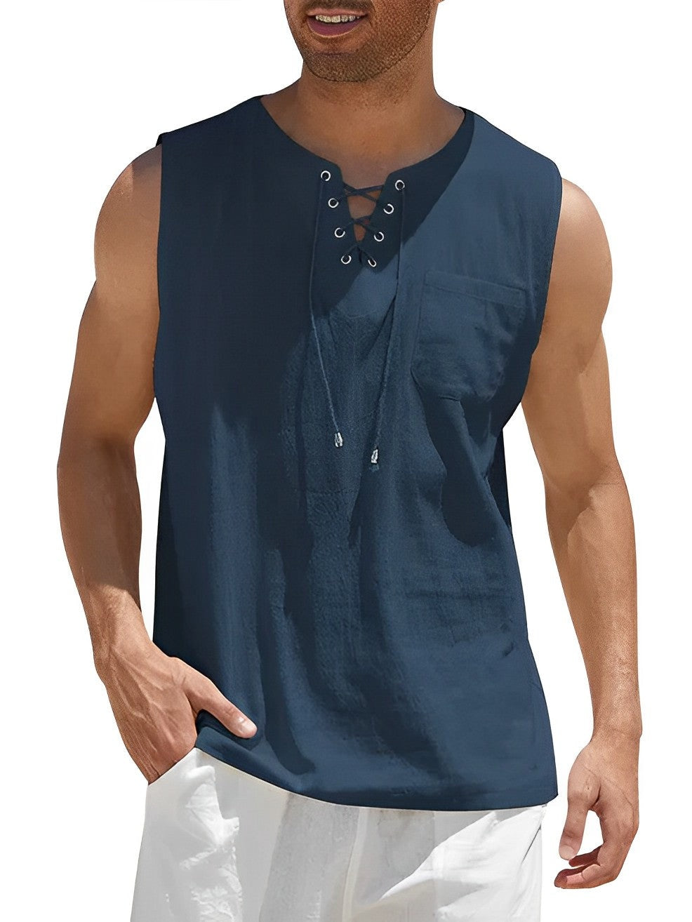 Cordón Oversize | Camiseta Sin Mangas Oversize Hombre Escote Cordones Bolsillo