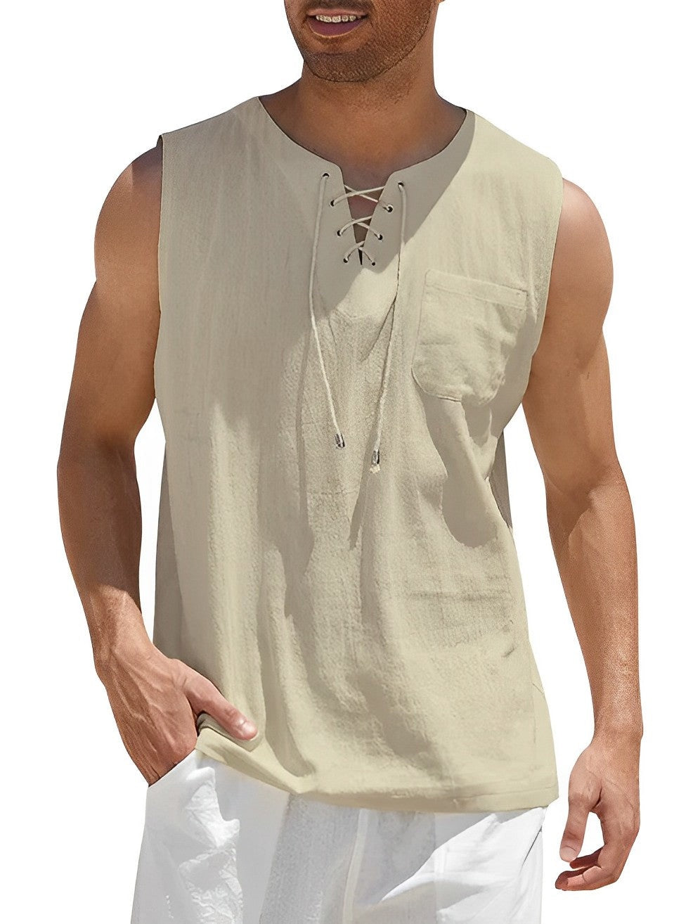 Cordón Oversize | Camiseta Sin Mangas Oversize Hombre Escote Cordones Bolsillo