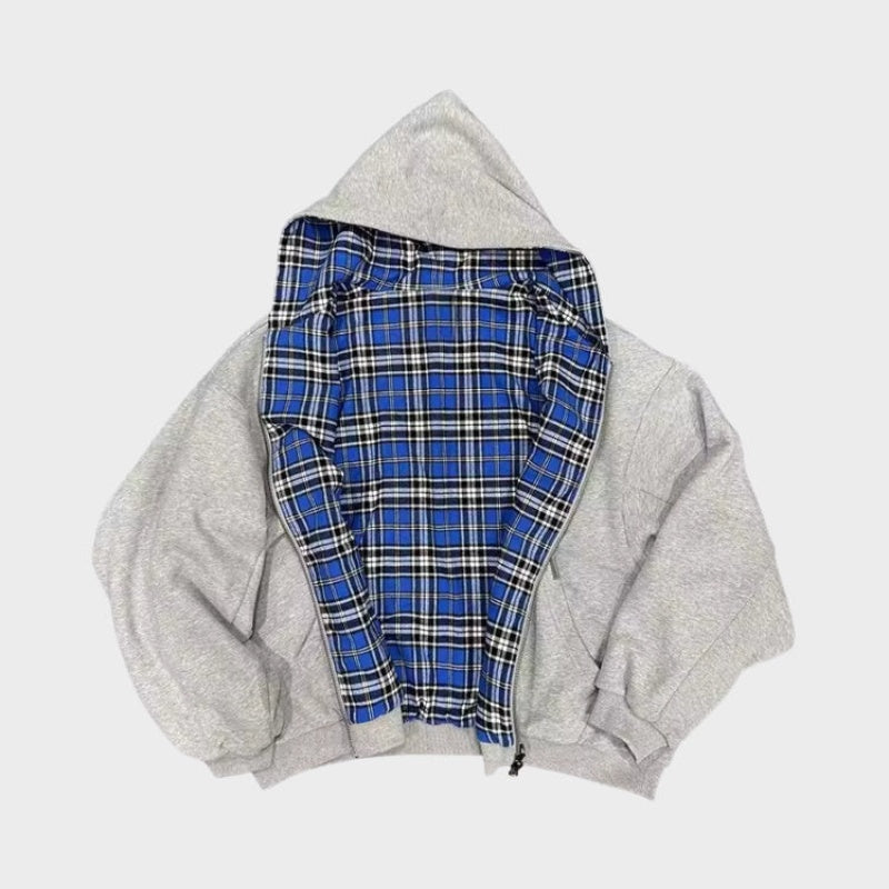Sudadera Oversize Reversible con Capucha de Cuadros para Hombre