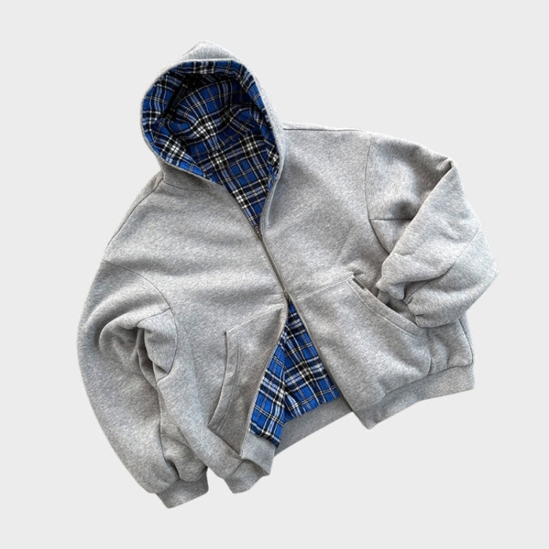 Sudadera Oversize Reversible con Capucha de Cuadros para Hombre