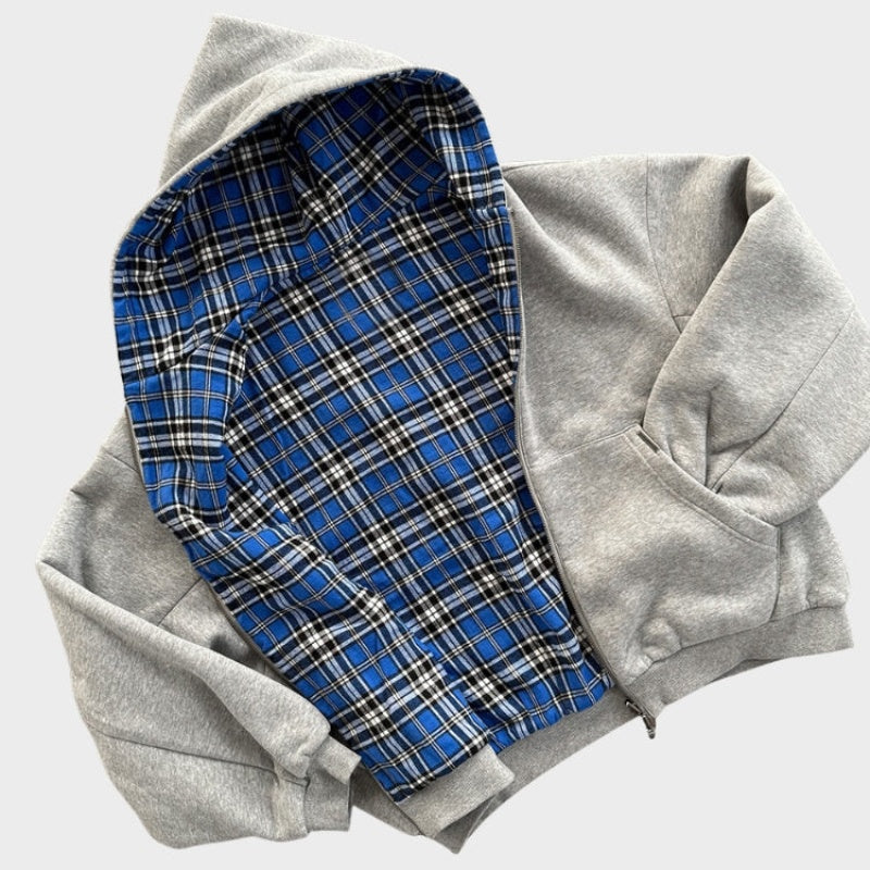 Sudadera Oversize Reversible con Capucha de Cuadros para Hombre