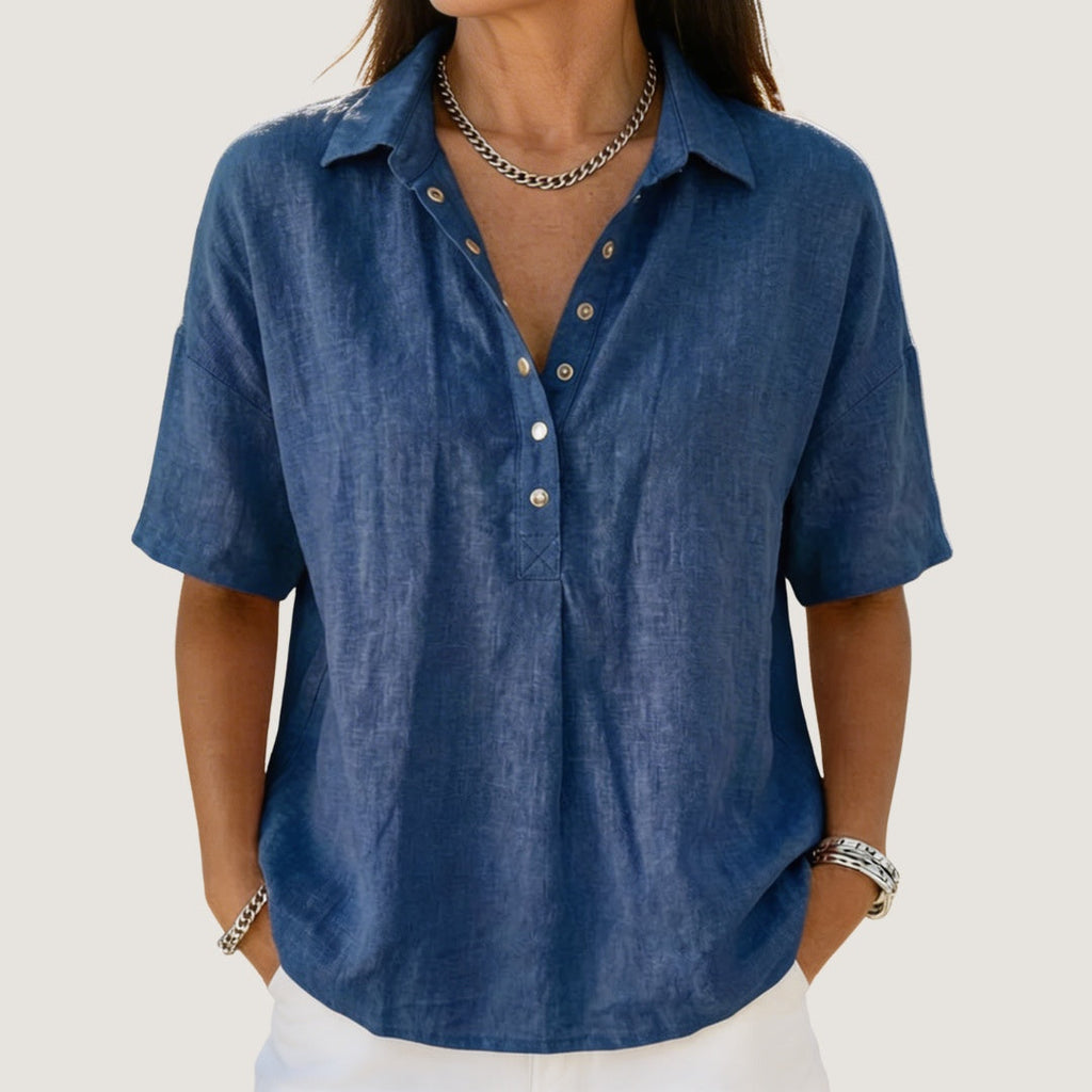 Blusa de Lino Manga Corta Cuello Polo con Botones